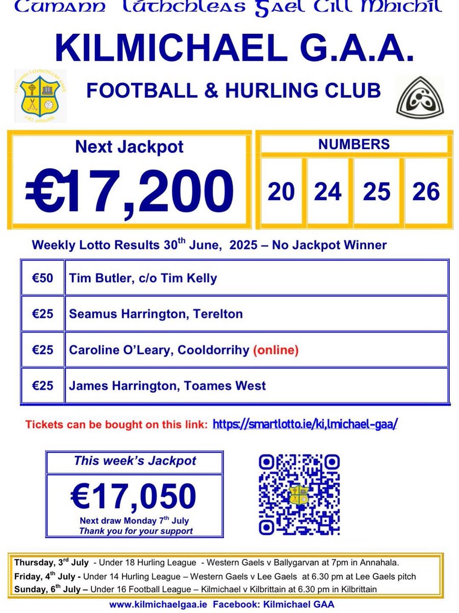 This weeks lotto results &amp; club fixtures, thanks for your support.
