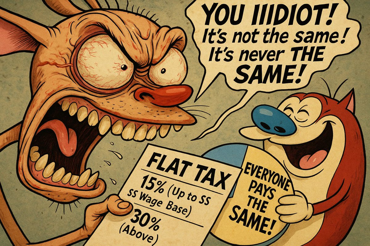 newlaughingleft's tweet photo. “Flat” doesn’t mean fair—unless you’re flat-out ignoring math.
#TaxMyth #EconomicIlliteracy #RenAndStimpyLogic https://t.co/QBqZ0vAloe
