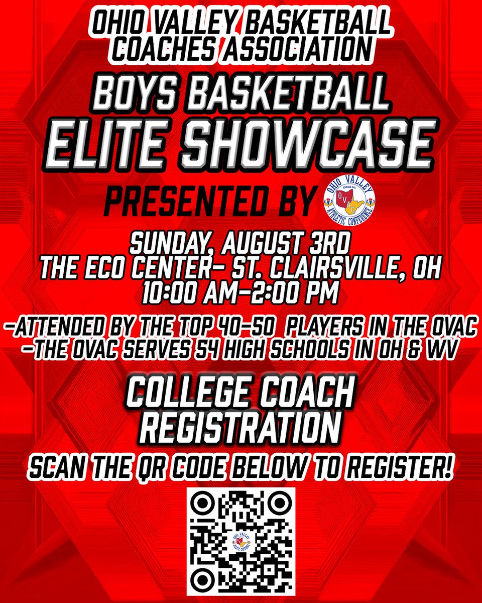 College Men’s Basketball Coaches:

Don’t forget to register for the Ohio Valley Basketball Coaches Association Elite Showcase on August 3rd at The ECO Center in St. Clairsville, OH! This is a prime opportunity to evaluate some of the best talent the OVAC has to offer and