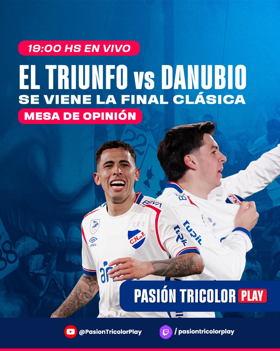 De 18 a 19hs Pasión Tricolor 📻 ((89.3 FM)) App y Web.

 📺 Y desde 19hs nos podés ver en #PasiónTricolorPlay con todo lo que dejó el triunfo de NACIONAL Vs Danubio y palpitando la final clásica con todo el debate #MesadeOpinión 

📲 Miranos y participá youtube.com/@pasiontricolo…