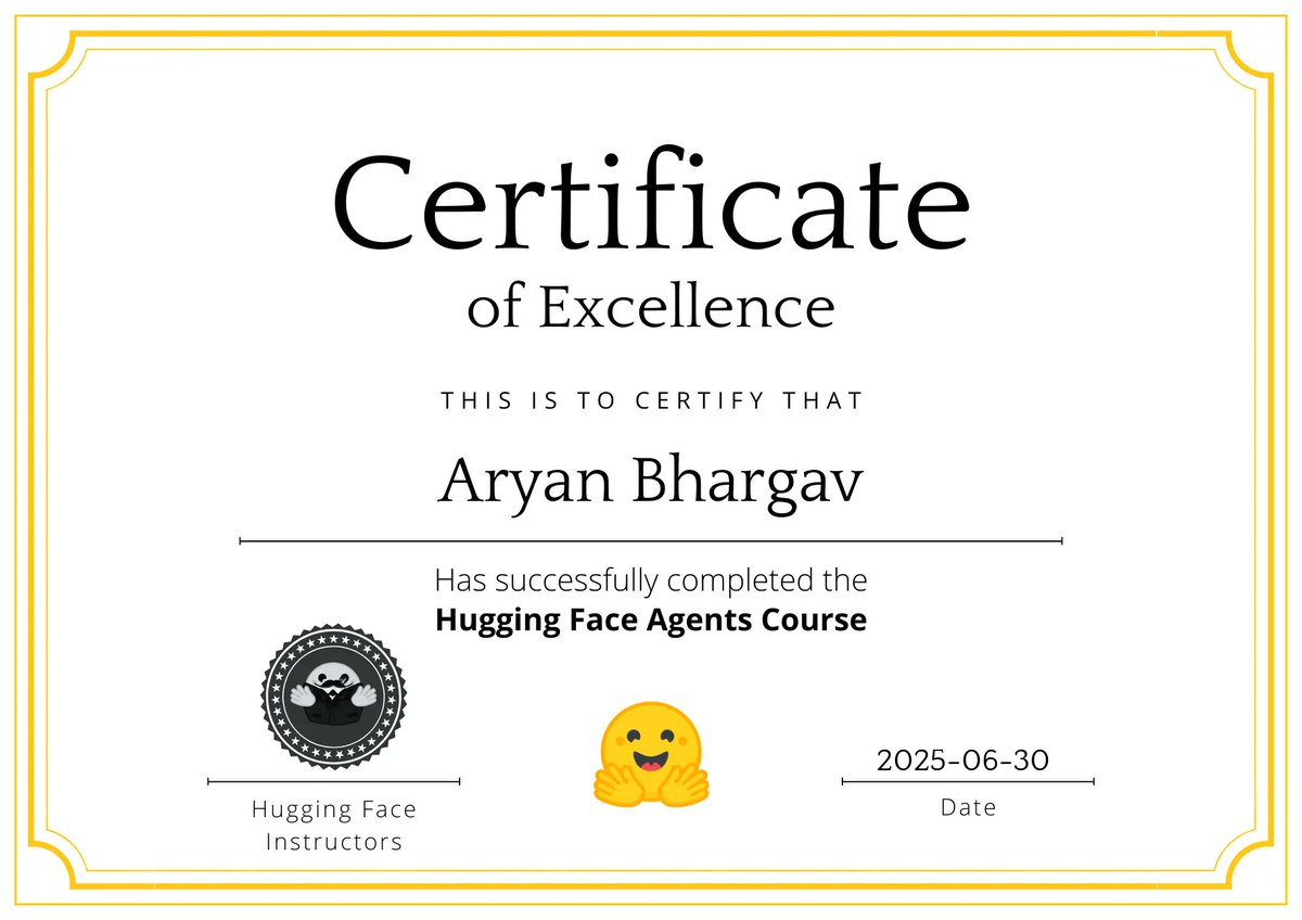 Aryan🥝 #Diversion2k25 (@aryanthinks8) on Twitter photo Earned a certificate from <a href="/huggingface/">Hugging Face</a> certifying i can make better AI AGENTS!!
Thanks to this course I understand how to make better agents that can pass evaluations and fine-tune LLMs for better answers for Users.
Now, I have a NEW perspective towards Agents and its usages Earned a certificate from <a href="/huggingface/">Hugging Face</a> certifying i can make better AI AGENTS!!
Thanks to this course I understand how to make better agents that can pass evaluations and fine-tune LLMs for better answers for Users.
Now, I have a NEW perspective towards Agents and its usages