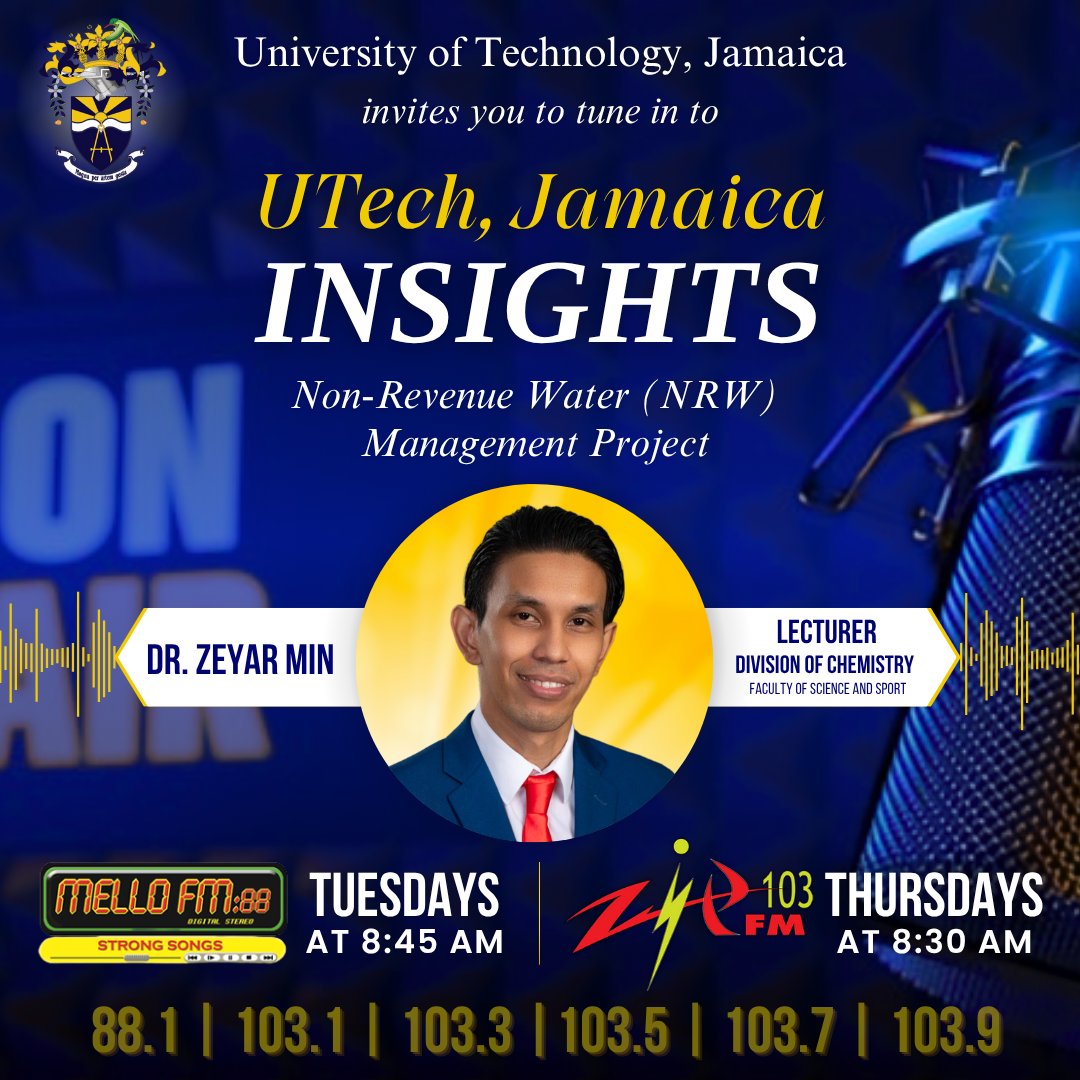 Dr. Min discusses the issue of water loss and how the collaboration between UTech, Jamaica and the National Water Commission offering short training courses in Non-Revenue Water Management aims to tackle the problem head-on.

This Tuesday on Mello 88 FM &amp; Thursday on Zip 103 FM!