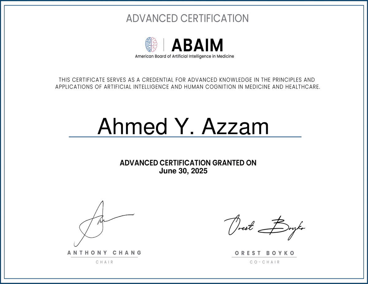 الحمدلله إجزت اليوم و حصلت على شهادة البورد الأمريكي في الذكاء الاصطناعي في الطب (American Board of Artificial Intelligence in Medicine)! 🩺💻 

مجال رائد وحديث، وعدد المعتمدين فيه عالميًا لا يزال محدودًا.
 
الهدف من هذا البورد هو تعزيز القدرة على قيادة الابتكار في التشخيص