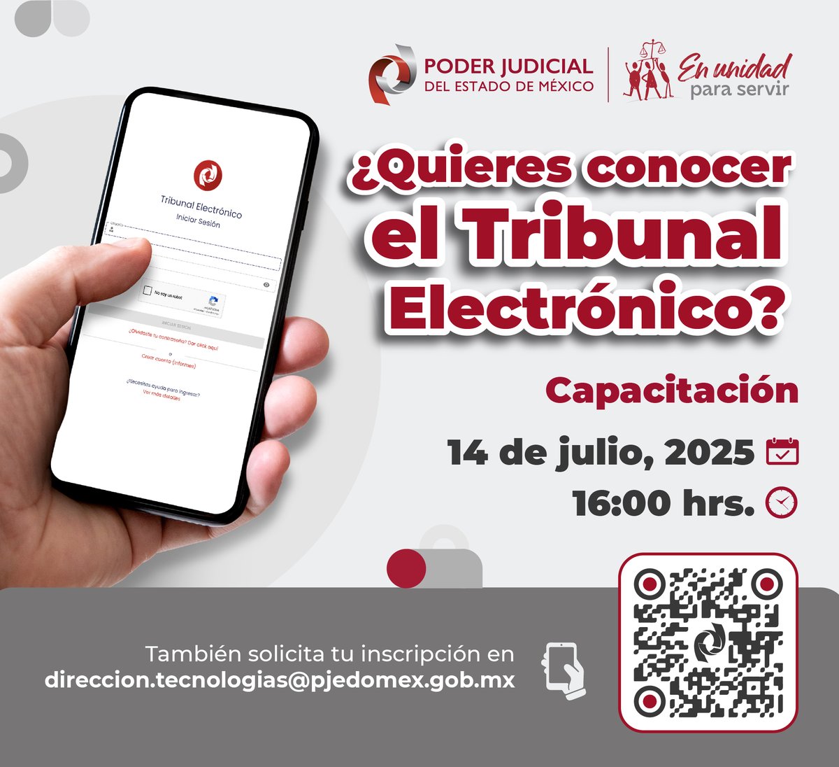 Regístrate en la próxima capacitación virtual sobre el uso del Tribunal Electrónico del #PJEdomex. 📲 

Escanea el código QR o ingresa a la siguiente liga:
docs.google.com/forms/d/e/1FAI…