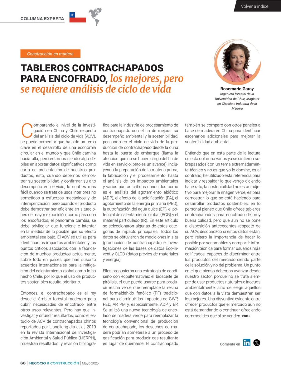 #ForestalEnPrensa

La académica Rosemarie Garay es autora de esta columna de opinión titulada "Tableros contrachapados para encofrado, los mejores, pero se requiere análisis de ciclo de vida" en la Revista Negocio y Construcción☘️🪵

Revisa el texto aquí:
blog.negocioyconstruccion.cl/tableros-contr…