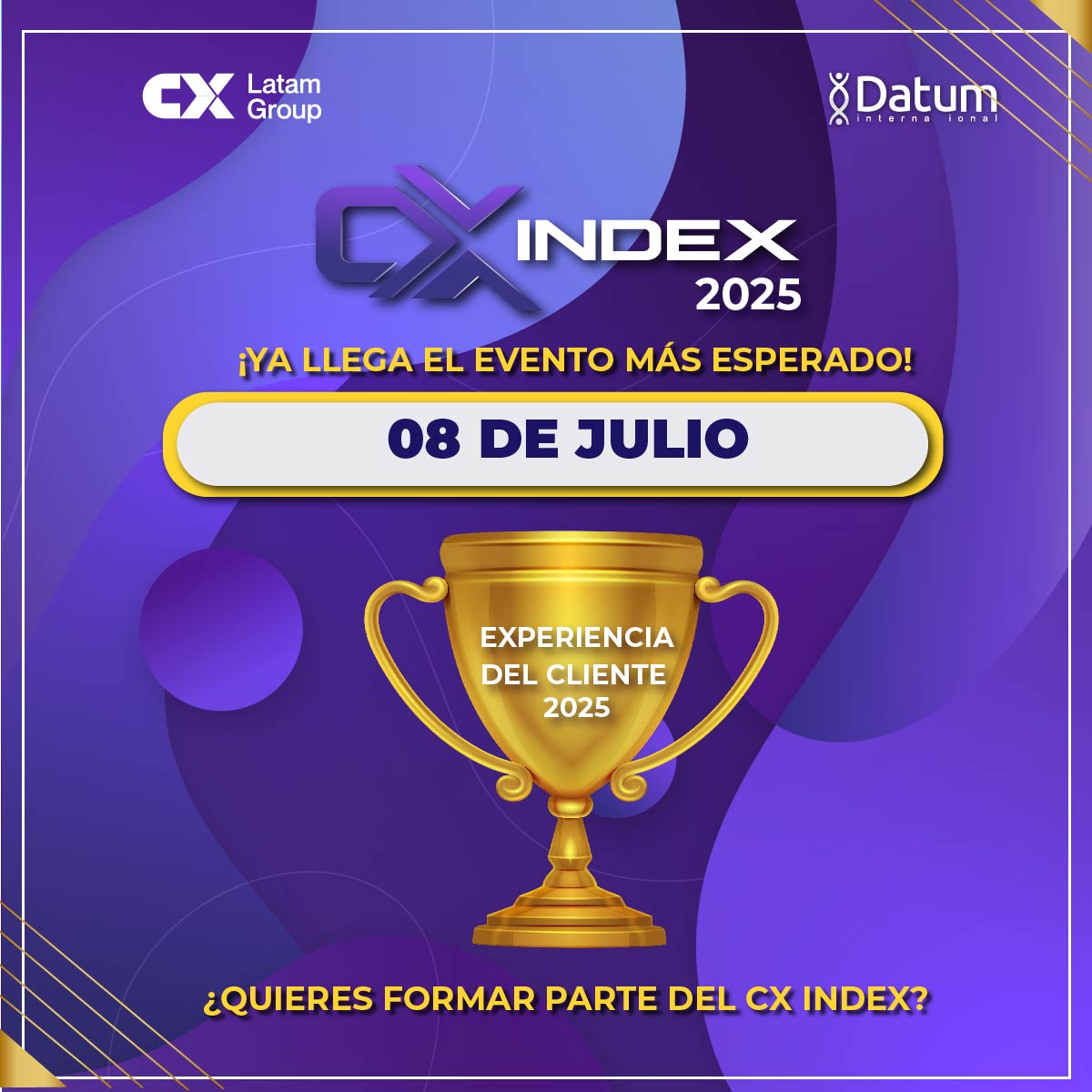 DatumPeru's tweet image. 📅Este 08 de julio
Se presenta el ranking CX INDEX 2025. 
📩Para más información, contáctanos:
xvalverde@datum.com.pe| pblondet@datum.com.pe
#Experienciaalcliente #ExpandiendoConocimiento #CXINDEX