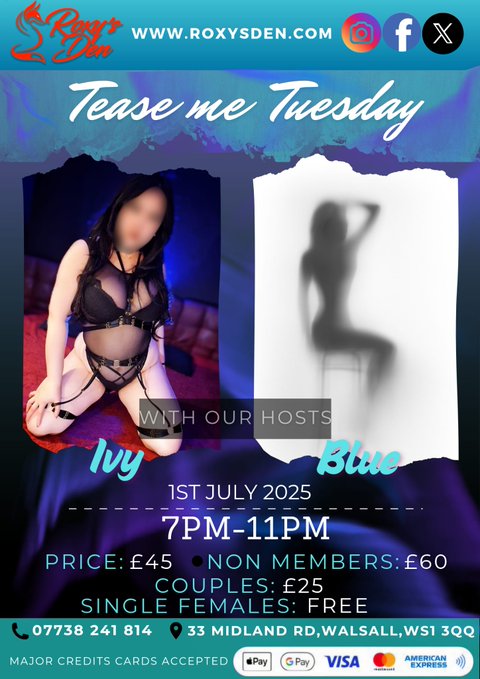 Andy4fun (@andy4fun123) on Twitter photo Tuesday 1st July is Two Party Tease Me Tuesday Party Time at <a href="/roxysden/">Roxy's Den</a> with Four, Awesome Fit As Fuck And Very Horny Gangbang Party Girls.
Party One is 12pm till 4pm with New Host Yasmin & Rarni
Party Two is 7pm till 11pm with New Host <a href="/MlleIvy/">Mademoiselle Ivy ๐ฟ</a> & Blue
Guys come fully loaded with Tuesday 1st July is Two Party Tease Me Tuesday Party Time at <a href="/roxysden/">Roxy's Den</a> with Four, Awesome Fit As Fuck And Very Horny Gangbang Party Girls.
Party One is 12pm till 4pm with New Host Yasmin & Rarni
Party Two is 7pm till 11pm with New Host <a href="/MlleIvy/">Mademoiselle Ivy ๐ฟ</a> & Blue
Guys come fully loaded with