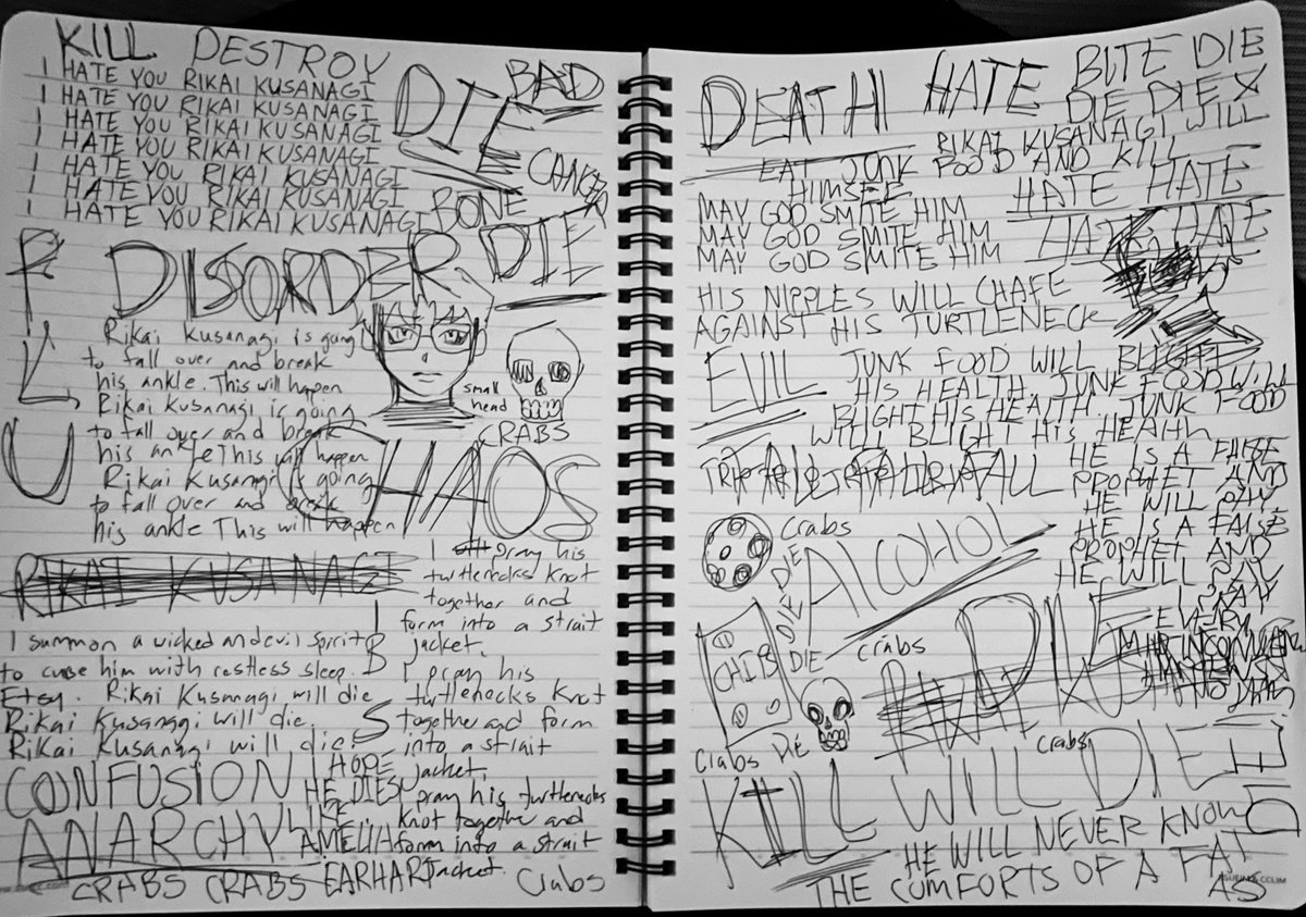Manifesting extremely negative and wicked energy toward Rikai Kusanagi. I have spent 12 hours secretly thinking terrible thoughts about Rikai Kusanagi in hopes it will cause him grievous or fatal harm. My “Rikai kusanagi hate manifestation journal” is now 54 pages in length