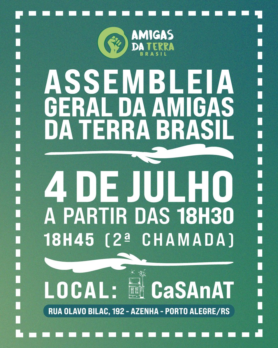 🌱ATBR convoca suas associadas/os para Assembleia Geral no dia 4 de julho. A 1ª chamada às 18h30, a 2ª às 18h45. 
📝Pauta: apresentação de relatório de atividades 2024-2025/1, balanço financeiro 2024 e informes gerais. 
📍: Rua Olavo Bilac 192, POA/RS
🔗: docs.google.com/forms/d/e/1FAI…