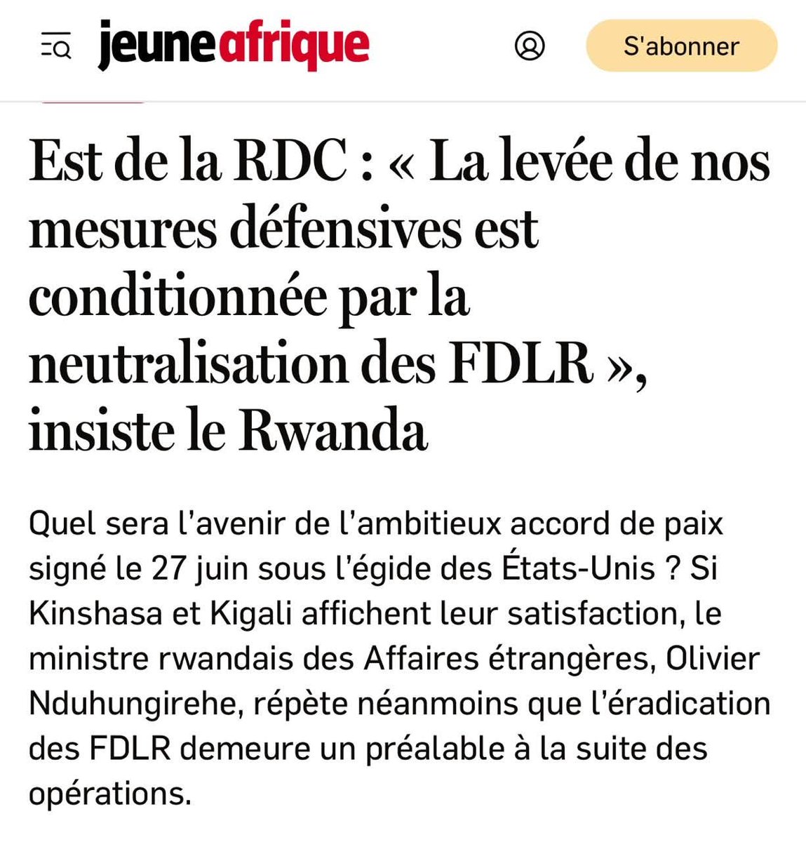 Popaul Matwika (@matwikap) on Twitter photo La déclaration de <a href="/onduhungirehe/">Olivier J.P. Nduhungirehe</a> est une ambiguïté préoccupante dans l'application l’accord du 27 juin : une interprétation unilatérale et une une tentative de retarder le désengagement, logique qui va à l’encontre de l’esprit de désescalade et de confiance mutuelle. <a href="/RDCongoMAE/">Thérèse Kayikwamba Wagner</a> La déclaration de <a href="/onduhungirehe/">Olivier J.P. Nduhungirehe</a> est une ambiguïté préoccupante dans l'application l’accord du 27 juin : une interprétation unilatérale et une une tentative de retarder le désengagement, logique qui va à l’encontre de l’esprit de désescalade et de confiance mutuelle. <a href="/RDCongoMAE/">Thérèse Kayikwamba Wagner</a>