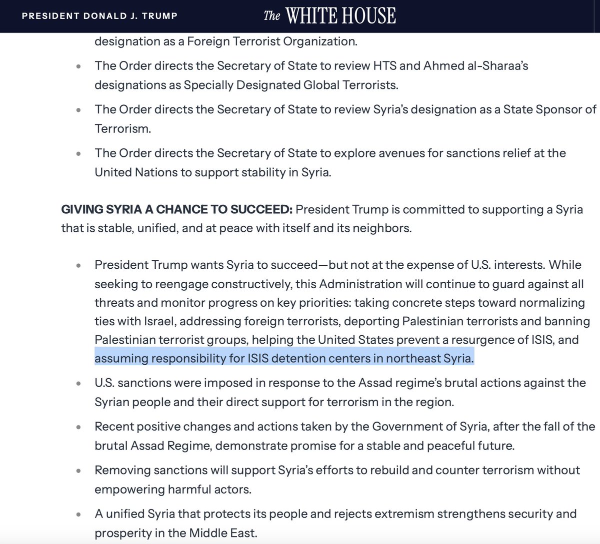 Charles_Lister's tweet photo. We now have it in writing from the #Trump White House:

- The U.S. expects #Syria's transitional government to take control of the 20+ #ISIS prisons (~9,000 men) &amp; the al-Hol &amp; al-Roj camps (38,000 people) in NE #Syria.

Until now, the #SDF has said it'd never do that. https://t.co/lUMlTRhcJq
