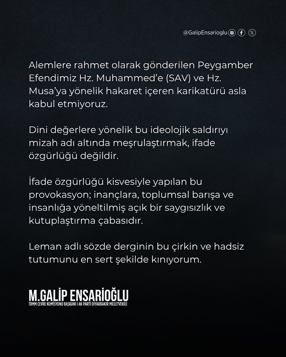 Alemlere rahmet olarak gönderilen Peygamber Efendimiz Hz. Muhammed’e (SAV) ve Hz. Musa’ya yönelik hakaret içeren karikatürü asla kabul etmiyoruz.

Dini değerlere yönelik bu ideolojik saldırıyı mizah adı altında meşrulaştırmak, ifade özgürlüğü değildir.
İfade özgürlüğü kisvesiyle