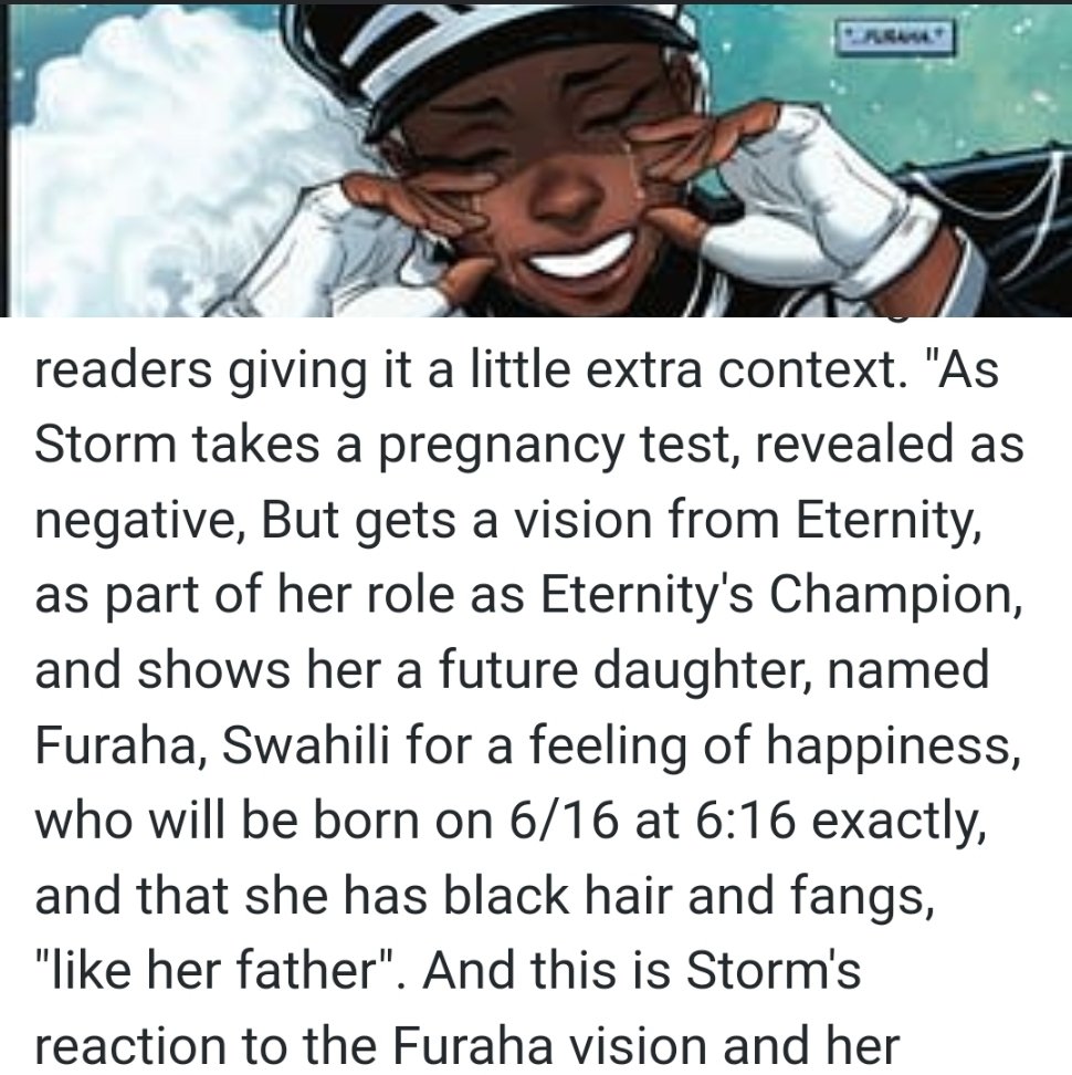 TheoButler04's tweet photo. #HellfireVigil #1. Daughter's name: Furaha. Mother: Ororo Munroe. Father: ???? She does have Black Hair & Fangs like her pops. https://t.co/Ya6LUzF7hE
