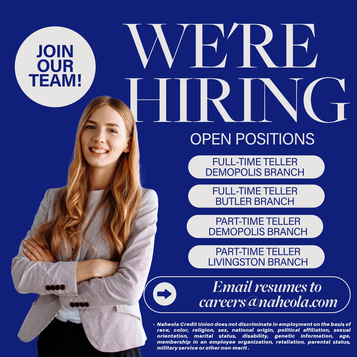 We're Hiring at NCU!

We're looking for friendly, dependable, and service minded individuals who are ready to be part of a team that values trust, integrity and member care.  We're currently seeking Full-Time and Part-Time Tellers for Demopolis, Butler and Livingston branches!