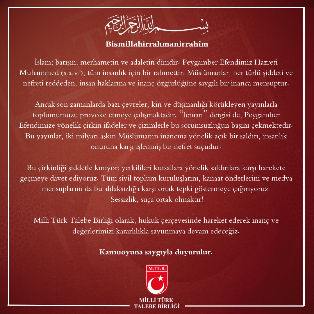 Bu çirkinliği şiddetle kınıyor; yetkilileri kutsallara yönelik saldırılara karşı harekete geçmeye davet ediyoruz. Tüm sivil toplum kuruluşlarını, kanaat önderlerini ve medya mensuplarını da bu ahlaksızlığa karşı ortak tepki göstermeye çağırıyoruz. Sessizlik, suça ortak olmaktır!