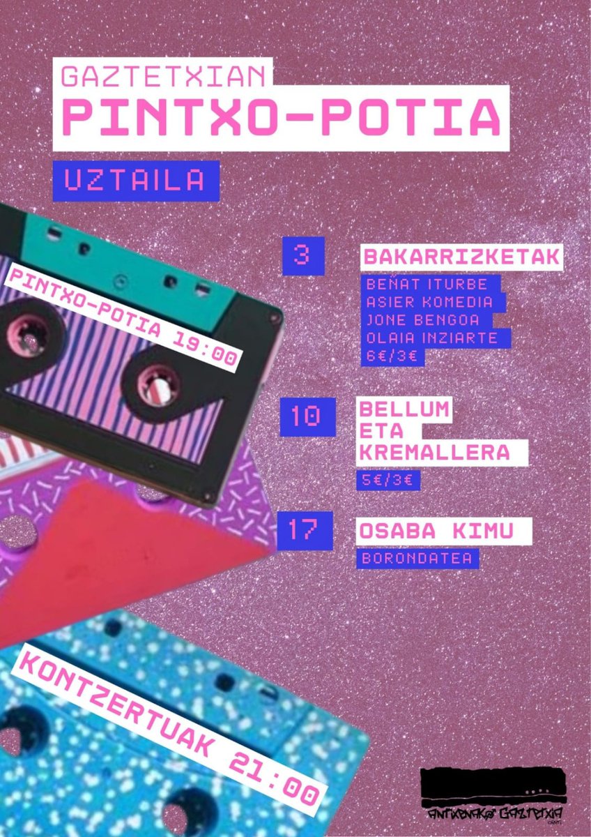 -𝙿𝚒𝚗𝚝𝚡𝚘-𝙿𝚘𝚝𝚒𝚊-

Hemen uztaileko eguenetan gaztetxian eukiko dogun egitaraua! Akordau 19:00retatik aurrera zabalik eta 21:00ttatik aurrera kultur eskaitza ezberdinak izango dittugula! Animau ta sartu gaztetxia pintxopoteko rondan!!!