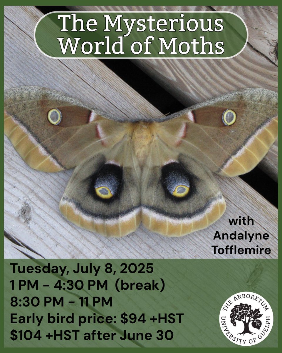 The Mysterious World of Moths!
July 8, 2025
1 PM - 4:30 PM, (break in between), then 8:30 PM - 11 PM
Instructor: Andalyne Tofflemire 
Fee: $94 +HST per person before June 30, 2025. After June 30 the fee is $104 +HST per person.
arboretum.uoguelph.ca/educationandev…
#UoGArboretum #UofG #Guelph