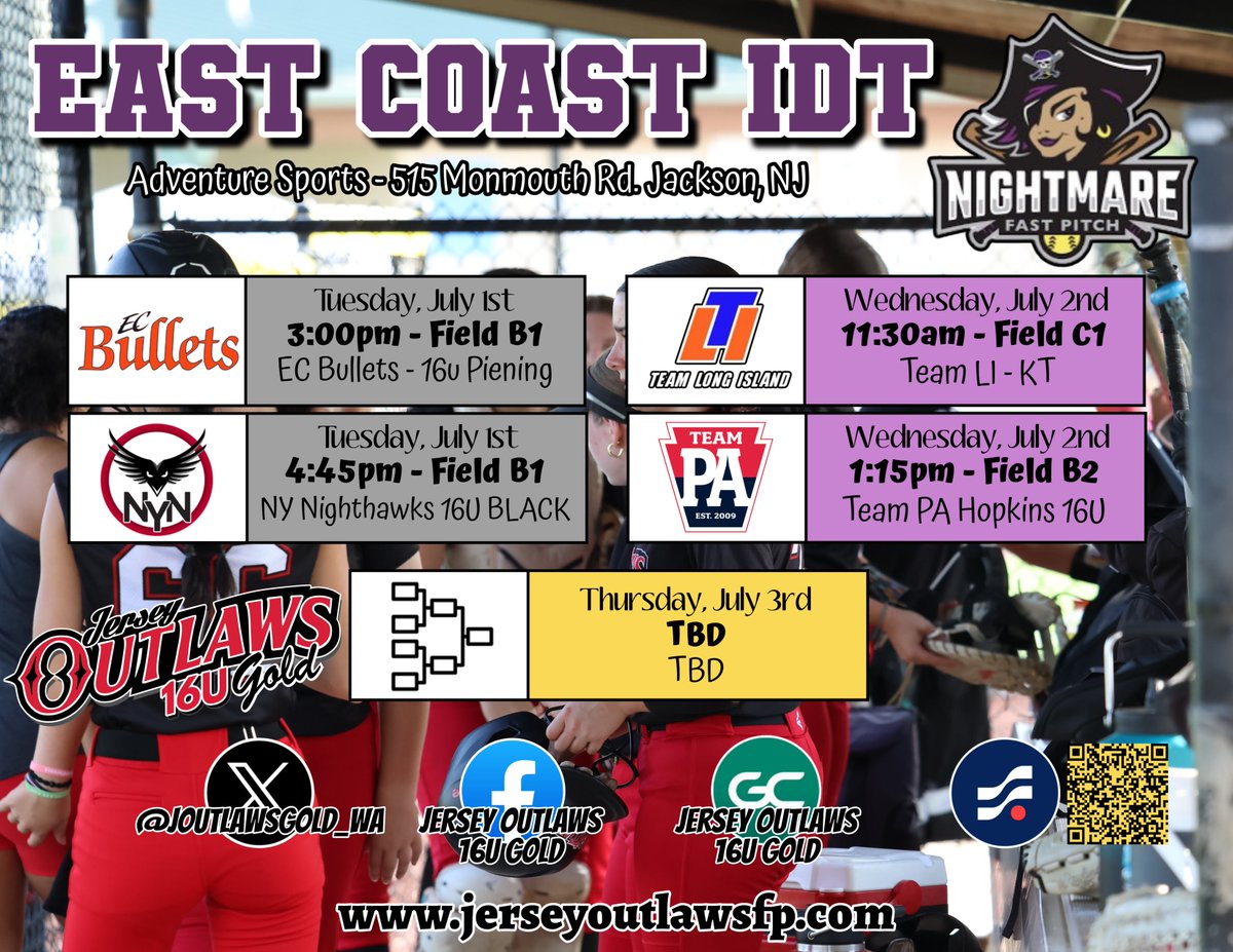 We head back to 📍Jackson, NJ this week for the East Coast IDT. My team's schedule is below.

<a href="/JOutlaws16uGold/">Jersey Outlaws 16U Gold</a> <a href="/mulesoftball/">Muhlenberg Softball</a> <a href="/RUSoftball/">Rutgers Softball</a> <a href="/PSHbgSoftball/">Penn State Harrisburg Softball</a> <a href="/NYUSoftball/">NYU Softball</a>