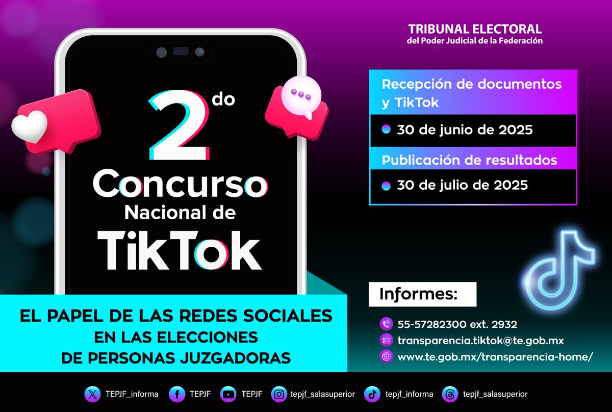 📲 ¡Último día para participar en el 2do Concurso Nacional de TikTok del Tribunal Electoral del Poder Judicial de la Federación!
¿Te apasiona crear contenido y tienes algo que decir sobre la democracia digital?
Conoce la convocatoria en:  itetlax.org.mx/assets/pdf/car…