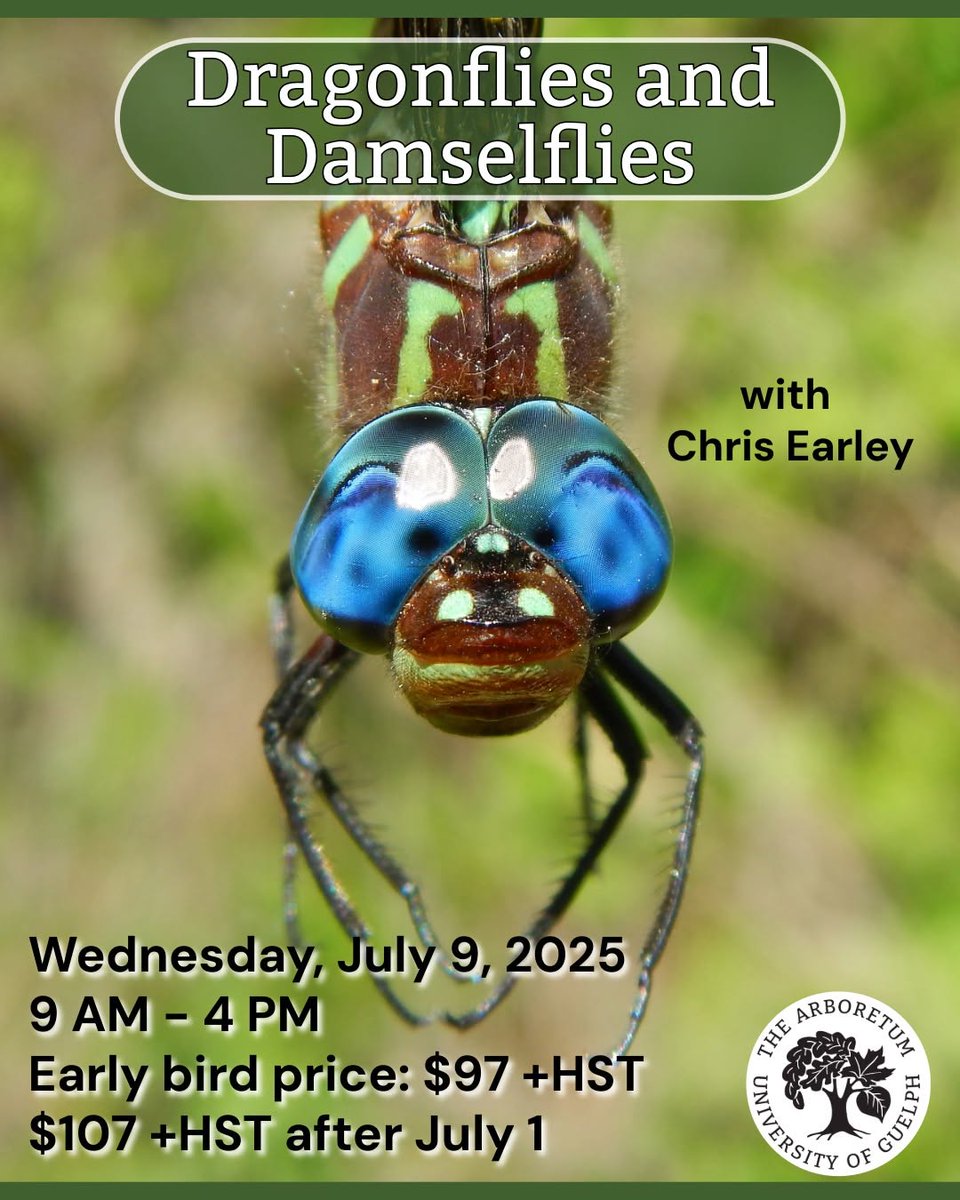 Dragonflies and Damselflies
Date: Wednesday, July 9, 2025
9 AM - 4 PM
Format: In-Person
Instructor: Chris Earley
Fee: $97 +HST per person if you register by July 1, 2025. After July 1 the fee is $107 +HST
arboretum.uoguelph.ca/educationandev…
#UoGArboretum #UofG #Guelph