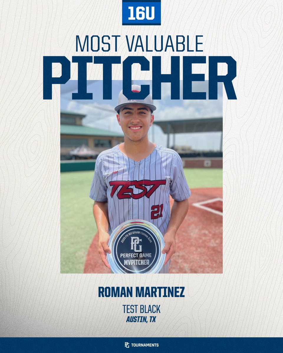 Perfect Game Texas (@texas_pg) on Twitter photo 2025 16U PG WWBA Central Elite🏆
🥇Champion: TEST Black
🥈Finalist: Just Dawgs 2027
🏅MVP: Jackson Ritz  
🏅MVPitcher: Roman Martinez 2025 16U PG WWBA Central Elite🏆
🥇Champion: TEST Black
🥈Finalist: Just Dawgs 2027
🏅MVP: Jackson Ritz  
🏅MVPitcher: Roman Martinez
