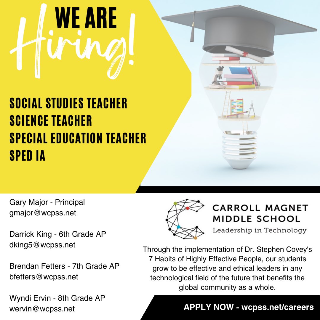 Brendan Fetters (@brendanfetters) on Twitter photo Would you or someone you know be interested in potentially joining our dynamic team at <a href="/CMMSCougars/">Carroll LT Magnet</a>? Located in Raleigh’s North Hills we are part of the <a href="/WCPSS/">Wake County Public School System</a>.
Reach out to me if you have any questions or apply via the link below.
careers-wcpss.icims.com/jobs/search?ss… Would you or someone you know be interested in potentially joining our dynamic team at <a href="/CMMSCougars/">Carroll LT Magnet</a>? Located in Raleigh’s North Hills we are part of the <a href="/WCPSS/">Wake County Public School System</a>.
Reach out to me if you have any questions or apply via the link below.
careers-wcpss.icims.com/jobs/search?ss…