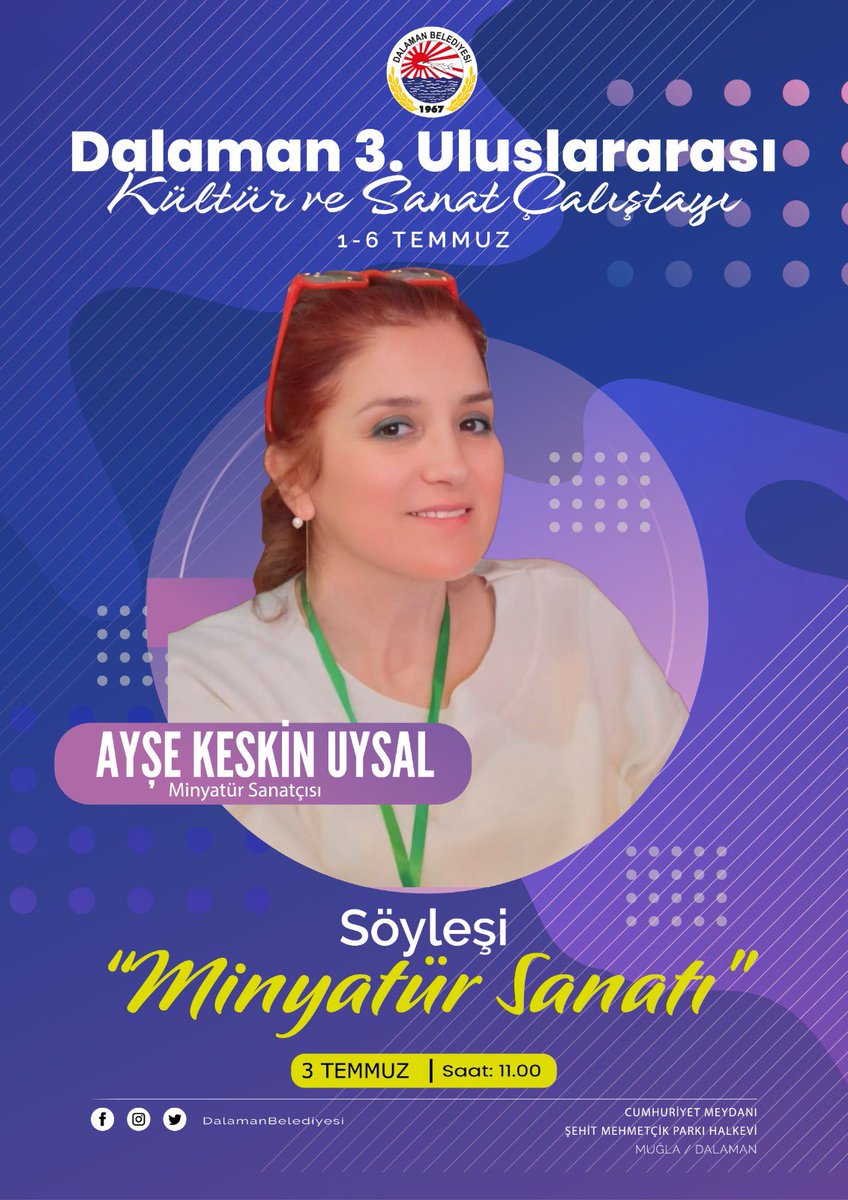 Dalaman Belediyesi (@dalamanbld) on Twitter photo 🎨 Dalaman 3. Uluslararası Kültür ve Sanat Çalıştayı başlıyor!
🗓️ 1 - 6 Temmuz tarihleri arasında gerçekleşecek çalıştayımıza yurtiçi ve yurt dışından değerli resim sanatçıları katılıyor.
✨Sanat dolu bu haftada siz de bizimle olun!
💫 Tüm halkımız davetlidir.
<a href="/SezerDurmus48/">Sezer Durmuş</a> 🎨 Dalaman 3. Uluslararası Kültür ve Sanat Çalıştayı başlıyor!
🗓️ 1 - 6 Temmuz tarihleri arasında gerçekleşecek çalıştayımıza yurtiçi ve yurt dışından değerli resim sanatçıları katılıyor.
✨Sanat dolu bu haftada siz de bizimle olun!
💫 Tüm halkımız davetlidir.
<a href="/SezerDurmus48/">Sezer Durmuş</a>