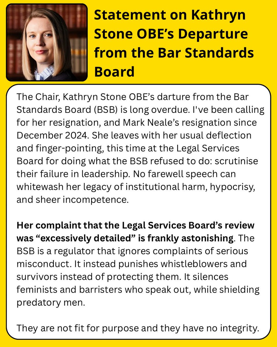 Dr Charlotte Proudman (@drproudman) on Twitter photo Kathryn Stone’s parting shot at the Legal Services Board shows what many of us knew: under her leadership, the <a href="/barstandards/">Bar Standards Board</a> prioritised its own reputation over protection. At her farewell, she called UK legal services “a great success story” and claimed they weren’t “poorly Kathryn Stone’s parting shot at the Legal Services Board shows what many of us knew: under her leadership, the <a href="/barstandards/">Bar Standards Board</a> prioritised its own reputation over protection. At her farewell, she called UK legal services “a great success story” and claimed they weren’t “poorly