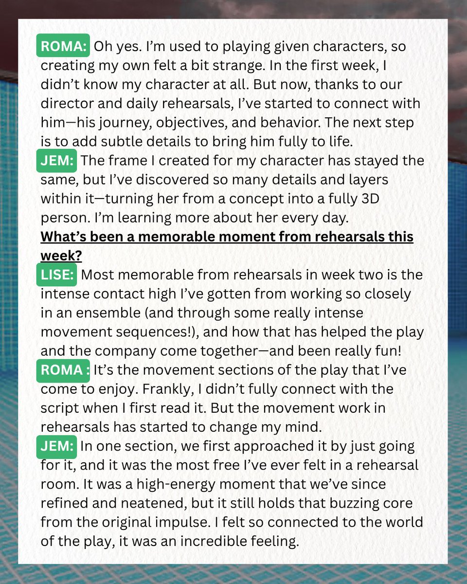 After two weeks of discovery and momentum, Lise, Roma, and Jem share what’s shifting in the room—and what’s still surprising them. Read on as Week Three of Grad Show rehearsals begins! 🎭