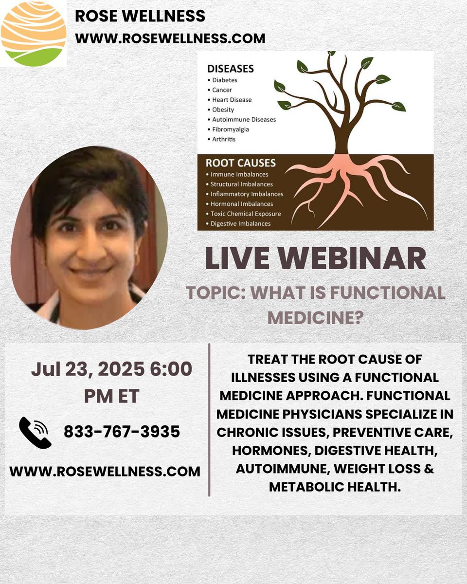 RoseWellnessCtr's tweet photo. Join Dr. Sushma Hirani for the live webinar on what is functional medicine. Functional medicine physicians specialize in chronic issues, preventive care, hormones, digestive health, autoimmune, weight loss &amp; metabolic health.
https://t.co/yFQPT0YSeI https://t.co/LpCNkvHAXh