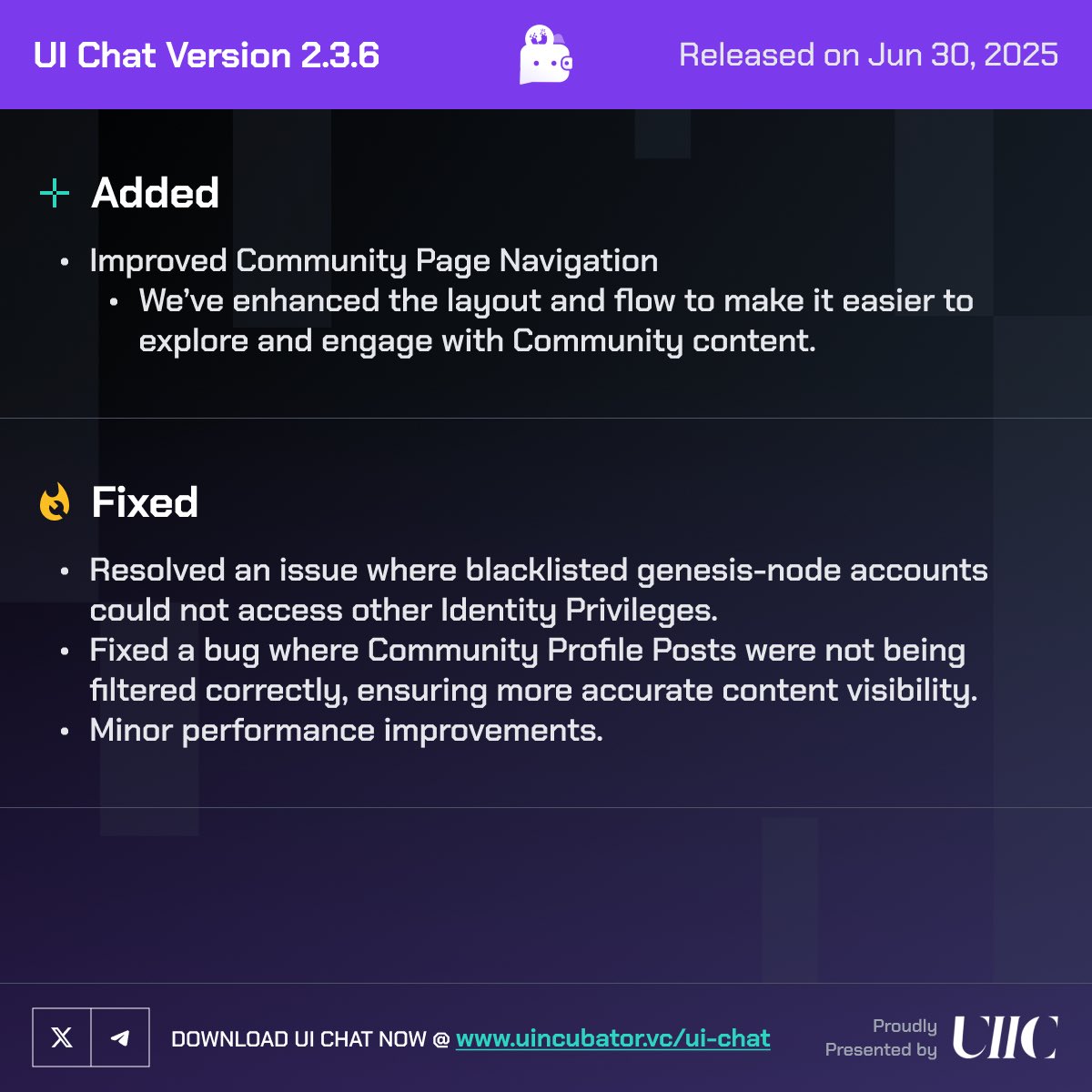 🚀 UI Chat Version 2.3.6 is Live!

📅 Released on Jun 30, 2025

🆕 What's New：

- Improved Community Page Navigation

We’ve enhanced the layout and flow to make it easier to explore and engage with community content.

🐛 What’s Fixed：

- Resolved an issue where blacklisted