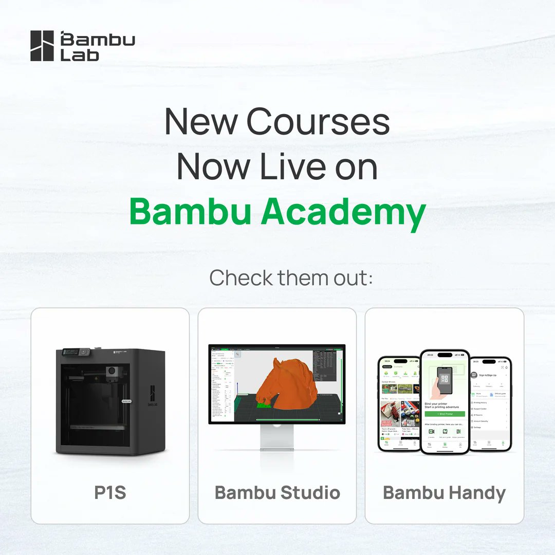 BambulabGlobal's tweet image. 🚀 Just dropped: New Academy courses for P1S, Bambu Studio, and Bambu Handy!
Quick, practical lessons to boost your 3D printing skills + enjoy some sweet rewards:
✅Up to 100 MakerWorld Points
✅Your own 3D-printable Certificate of Completion
Check it…