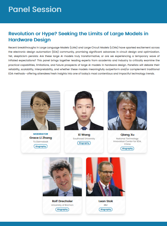 #ICCAD2025 - looking forward to Panel Session at The 2025 International Conference on Computer-Aided Design (#ICCAD) in Munich, Germany on "Revolution or Hype? Seeking the Limits of Large Models in Hardware Design" 2025.iccad.com/panel-session <a href="/ICCAD/">IEEE/ACM ICCAD</a> <a href="/agra_uni_bremen/">AGRA Uni Bremen</a> #LLMs #hardware