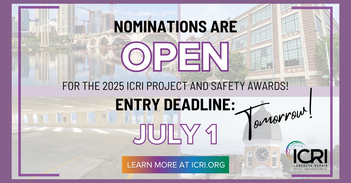 🚨The deadline to submit for the 2025 ICRI Project Awards is TOMORROW! 🚨

This is your LAST CHANCE to submit a project your team has worked on this year that deserves recognition. 

Submit yours by JULY 1 👉 icri.org/our-awards/icr…

#ICRI #concreterepair #concreterestoration