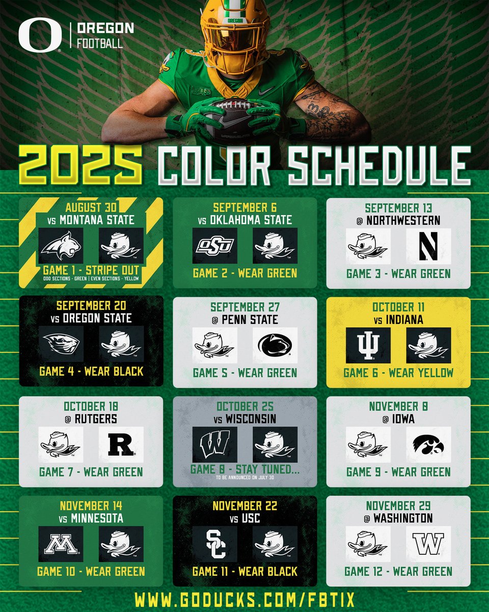 Oregon Duck Tickets (@oregonducktix) on Twitter photo Hereโs your 2025 <a href="/oregonfootball/">Oregon Football</a> what to wear schedule
๐ข๐กโซ
GoDucks.com/WhatToWear
#GoDucks Hereโs your 2025 <a href="/oregonfootball/">Oregon Football</a> what to wear schedule
๐ข๐กโซ
GoDucks.com/WhatToWear
#GoDucks