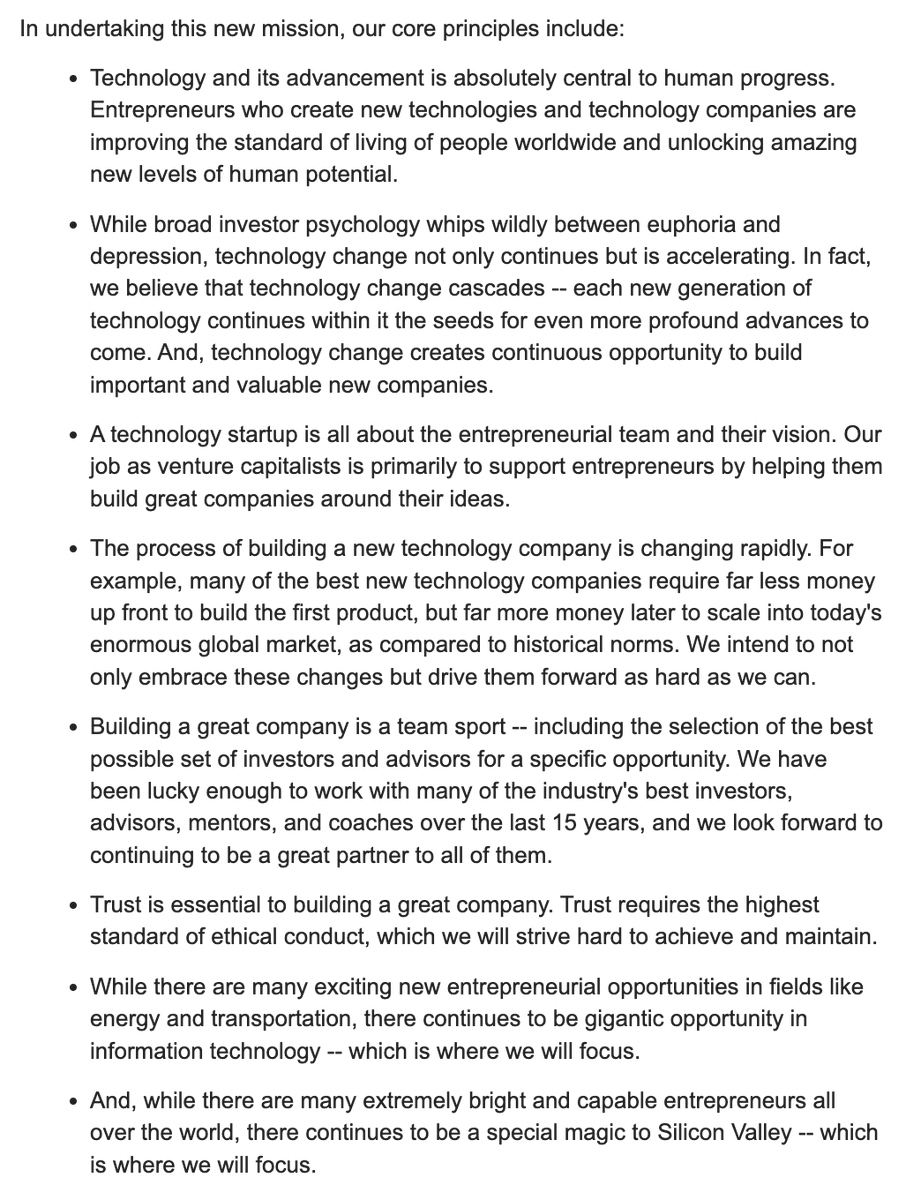 a16z's tweet photo. Unearthed from 2009: our founding document where @pmarca defines the foundational beliefs behind a16z including:
- Tech is key to human progress
- Tech progress cascades over time
- Entrepreneurs are key to startup success and we’ll support them
- We embrace change and drive it forward
- The highest standards of trust and ethical conduct are essential