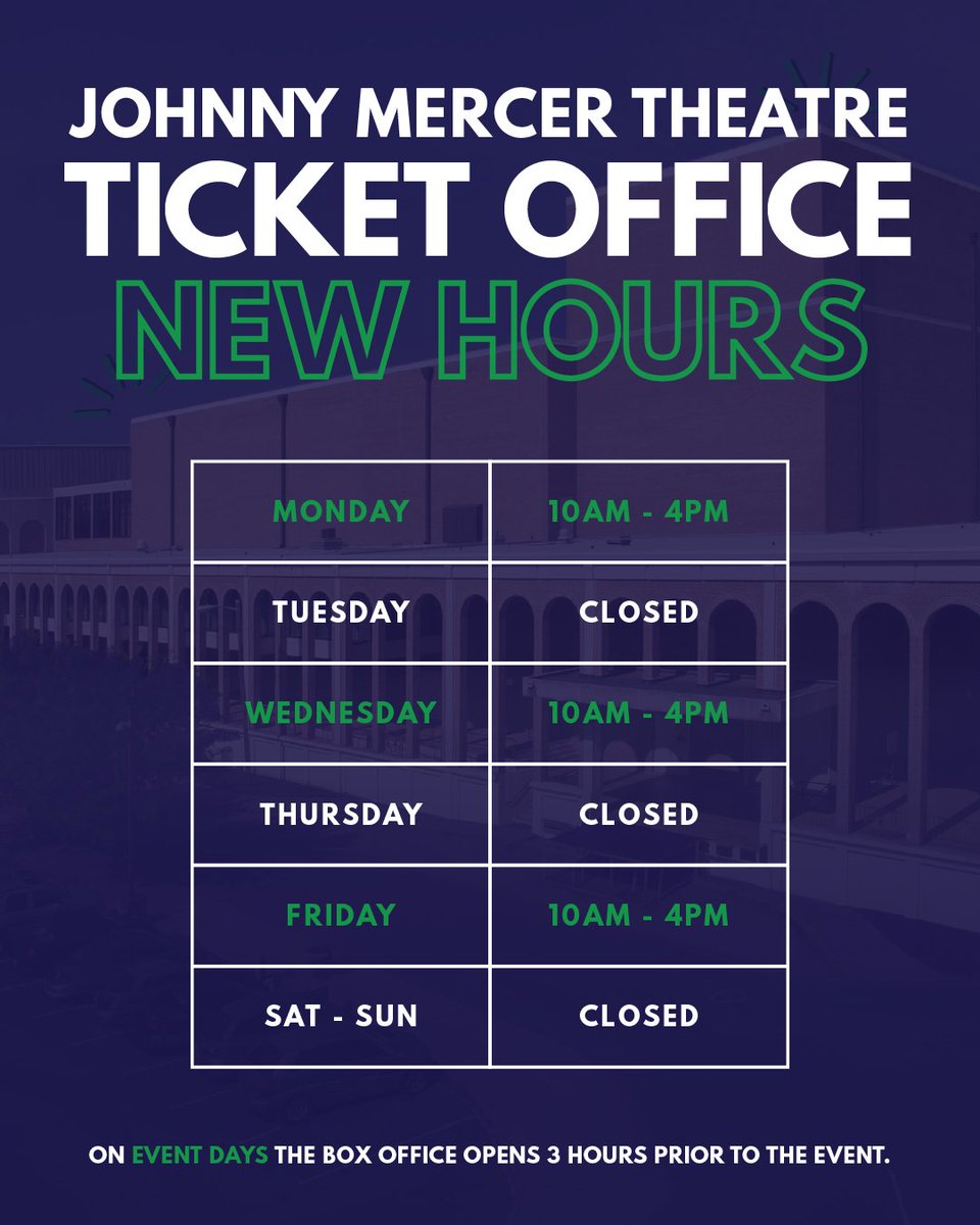 Please note the Johnny Mercer Theatre Ticket Office is shifting to summer hours beginning on July 1st, 2025 and will return back to normal on September 1st, 2025.