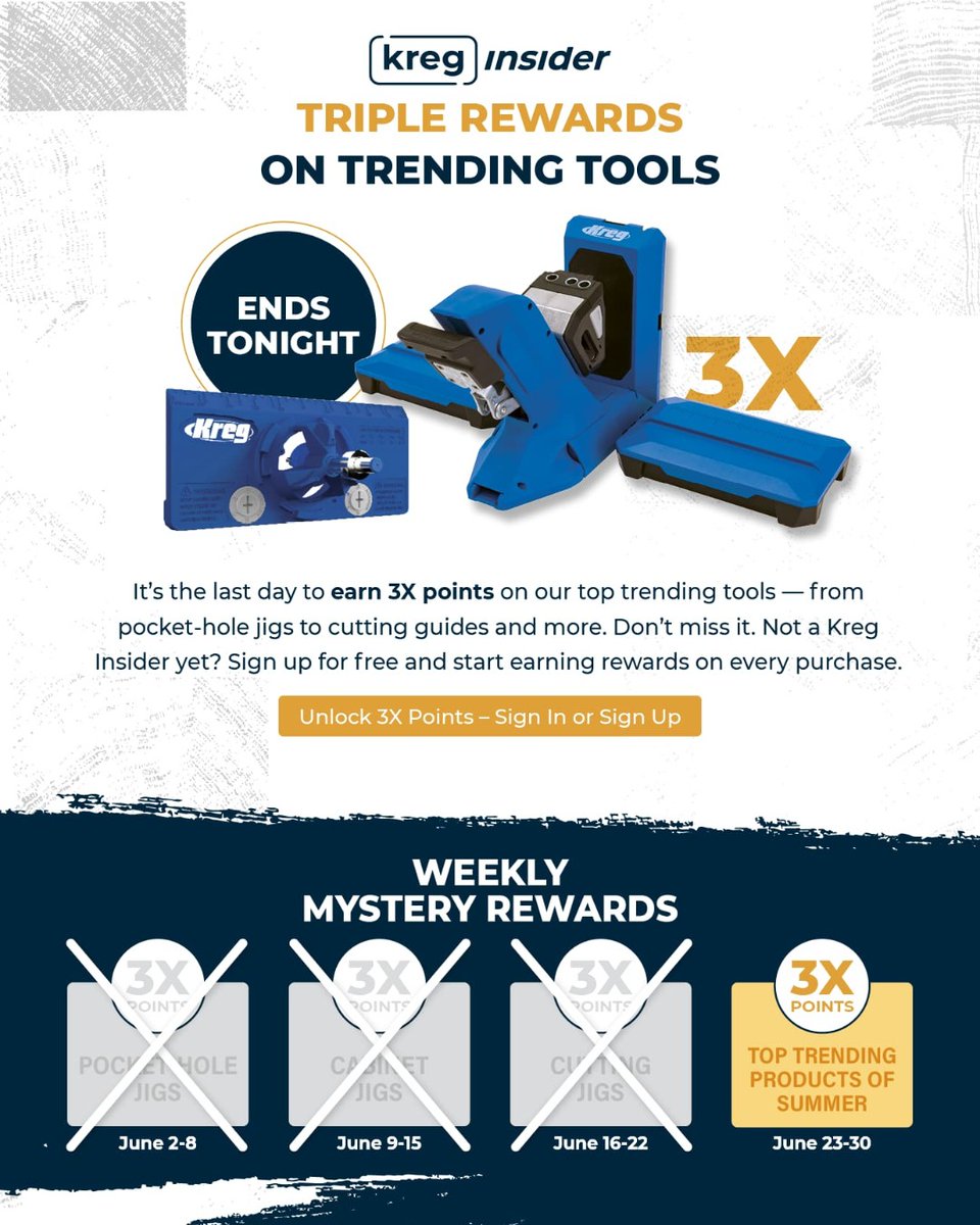 Today's the last day of Rewards Month and Kreg Insiders can earn triple points on trending tools plus free shipping! Not a Kreg Insider rewards member yet? It's free to join! Sign up at kregtool.com/rewards and start earning rewards on every purchase.