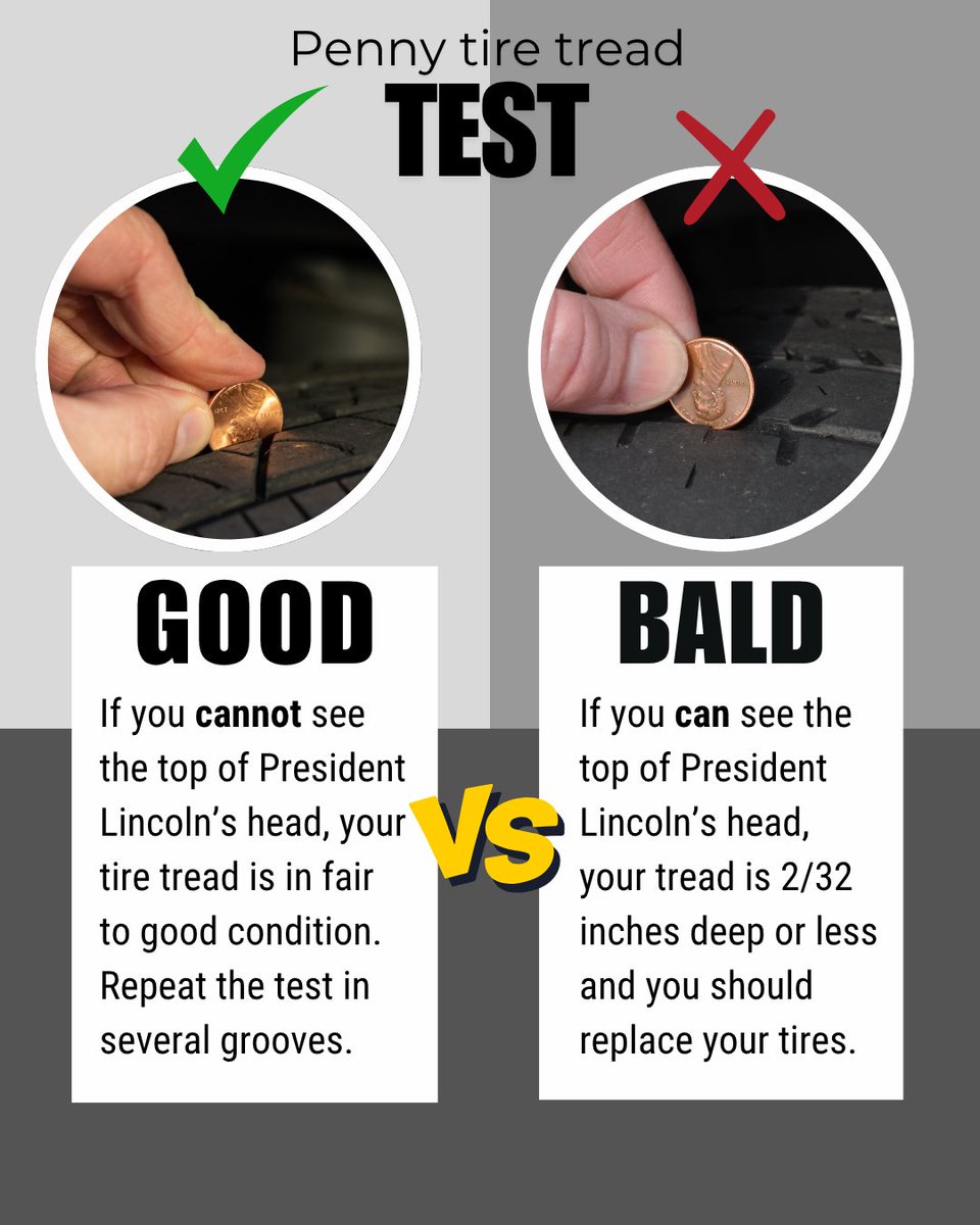 Check the wear of your tire tread with a penny.

🪙 Insert a penny into a tire groove upside down.
🪙 Follow the steps below. ⬇️

*Don't forget to check each tire in several places!