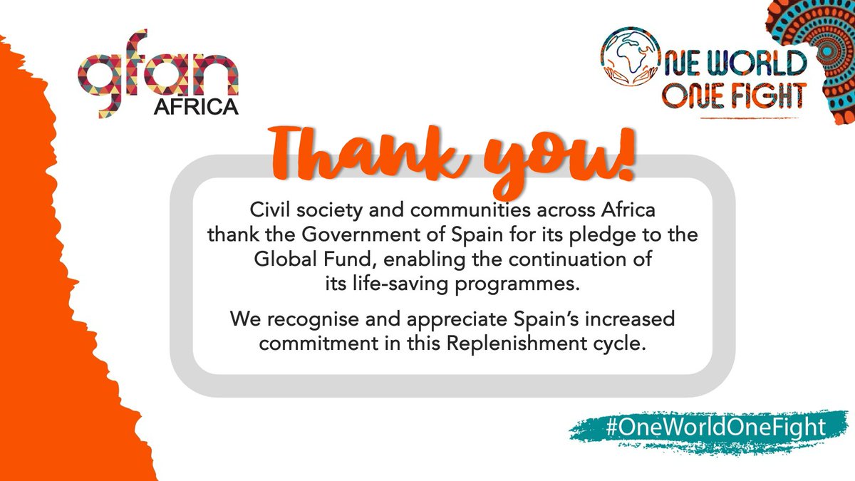 Global Fund Advocates Network (GFAN) Africa (@gfan_africa) on Twitter photo 🇪🇸🎉 Breaking news from #FfD4! Spain announced a pledge of €145 million to the <a href="/GlobalFund/">The Global Fund</a>.
We welcome Spain's renewed commitment to global solidarity & bold action to #Save23MillionLives. Thank you, Spain!
Read more: theglobalfund.org/en/news/2025/2…
#OneWorldOneFight 🌍 🇪🇸🎉 Breaking news from #FfD4! Spain announced a pledge of €145 million to the <a href="/GlobalFund/">The Global Fund</a>.
We welcome Spain's renewed commitment to global solidarity & bold action to #Save23MillionLives. Thank you, Spain!
Read more: theglobalfund.org/en/news/2025/2…
#OneWorldOneFight 🌍
