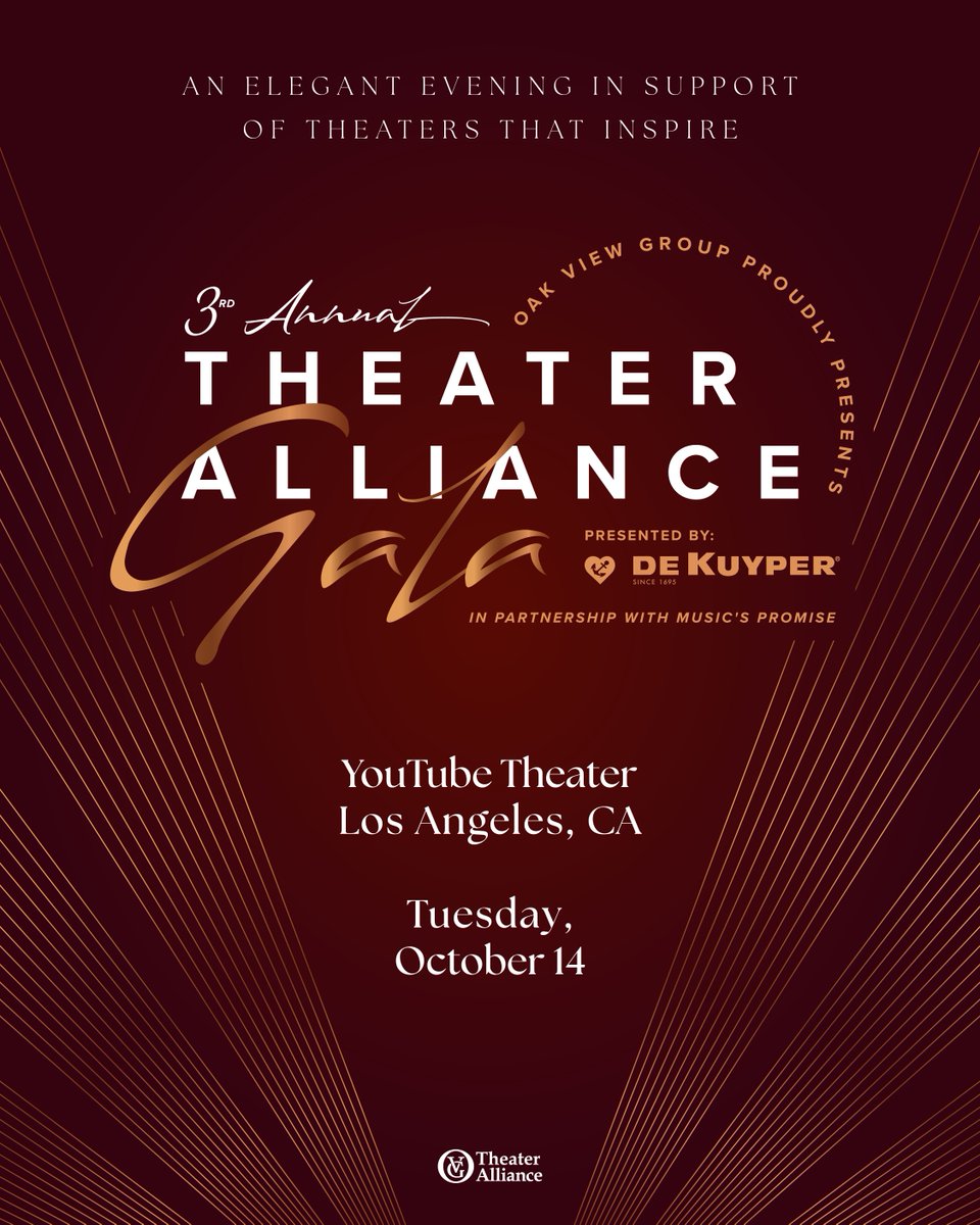 #YouTubeTheater is proud to host the third annual Theater Alliance Gala, presented by DeKuyper, making its West Coast debut on October 14, 2025 ✨

From producers to performers, the night brings the entertainment industry together to celebrate impact and to support <a href="/oakviewgroup/">OVG</a>