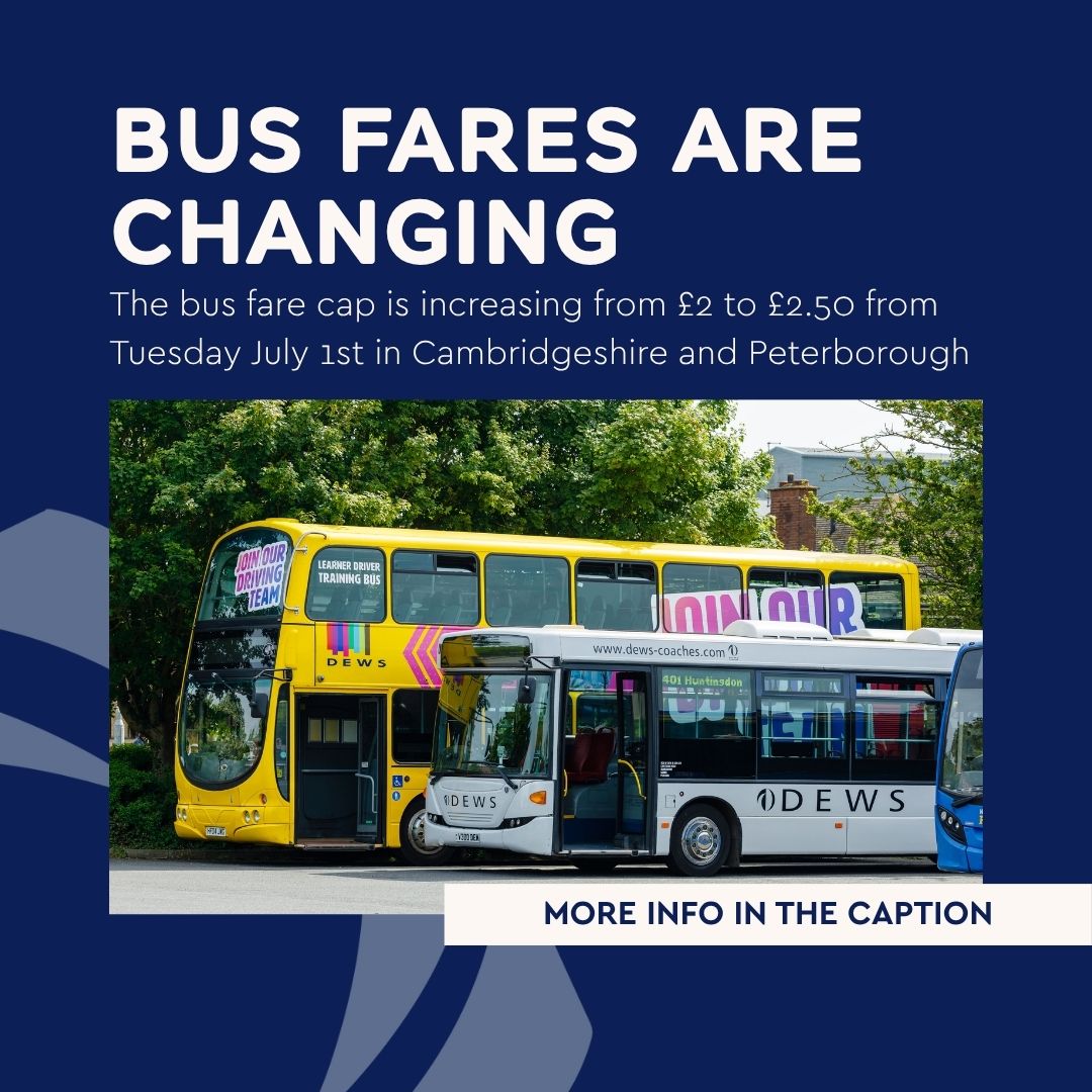 ⏰ Reminder: Bus Fare Changes from TOMORROW

From tomorrow, single bus fares for journeys across Cambridgeshire and Peterborough will be capped at £2.50.

Please refer to operator websites for all fare info.