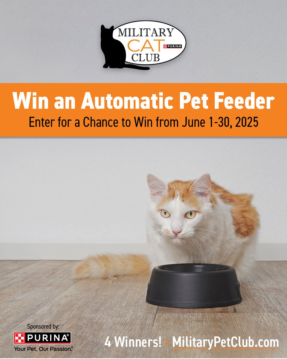 mymilitarypets's tweet image. 😼 Your cat deserves five-star service—automatically. Enter to win an automatic feeder now through June at militarycatclub.com/contests! 🍽️💅 #SpoiledCat #MilitaryCatLife
