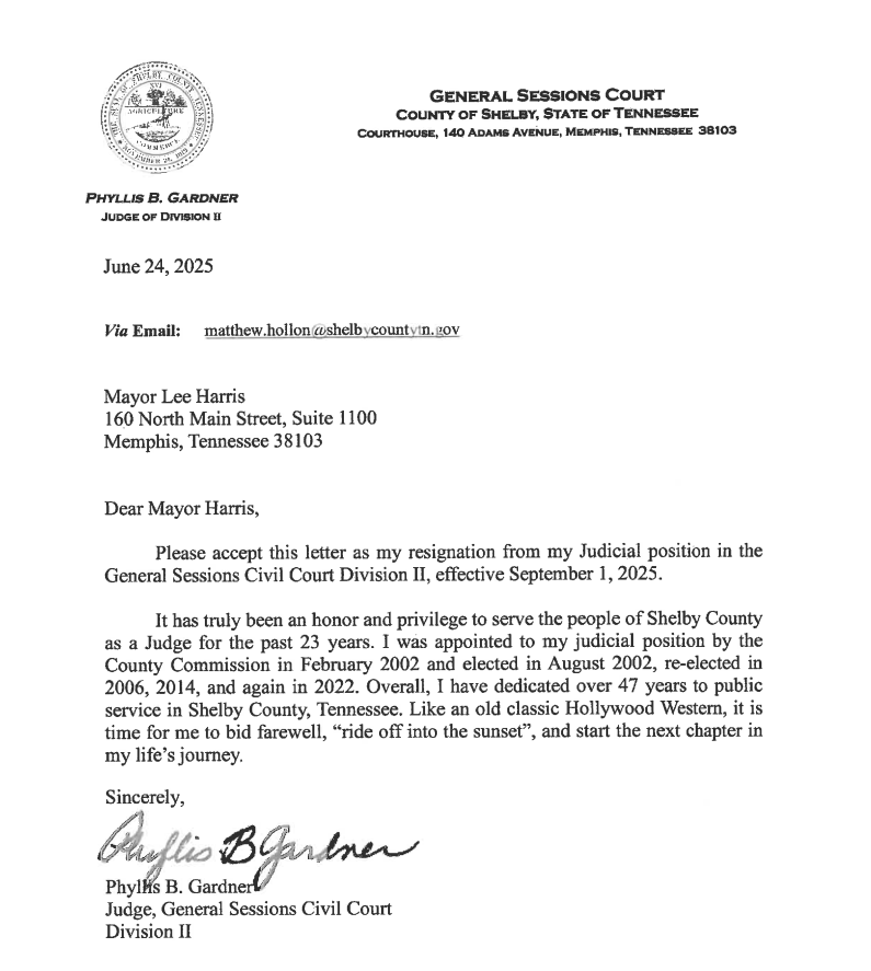 Wishing Judge Gardner a well-earned break from the bench and best wishes in her next chapter. With years of dedicated service to our courts and nearly half a century in public service, Shelby County is grateful for the lasting mark you will leave.