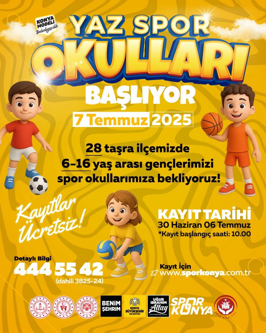 📣📣D U Y U R U 📣📣

Konya Büyükşehir Belediyesi ve İl Milli Eğitim Müdürlüğü işbirliği ile yürütülen Yaz Spor Okulları kayıtları başlamıştır. 

Başvuru için ;
↘️ 

basvuru.sporkonya.com.tr