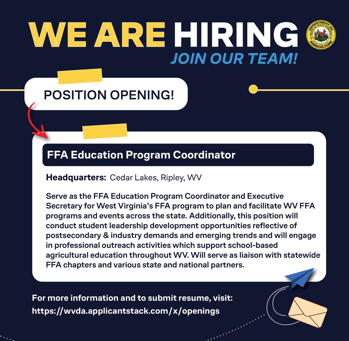 💙WV FFA💛 is looking for an Education Program Coordinator and Executive Secretary based out of Cedar Lakes Conference Center. If you're interested in this job or other openings with the WVDA, go to: wvda.applicantstack.com/x/openings