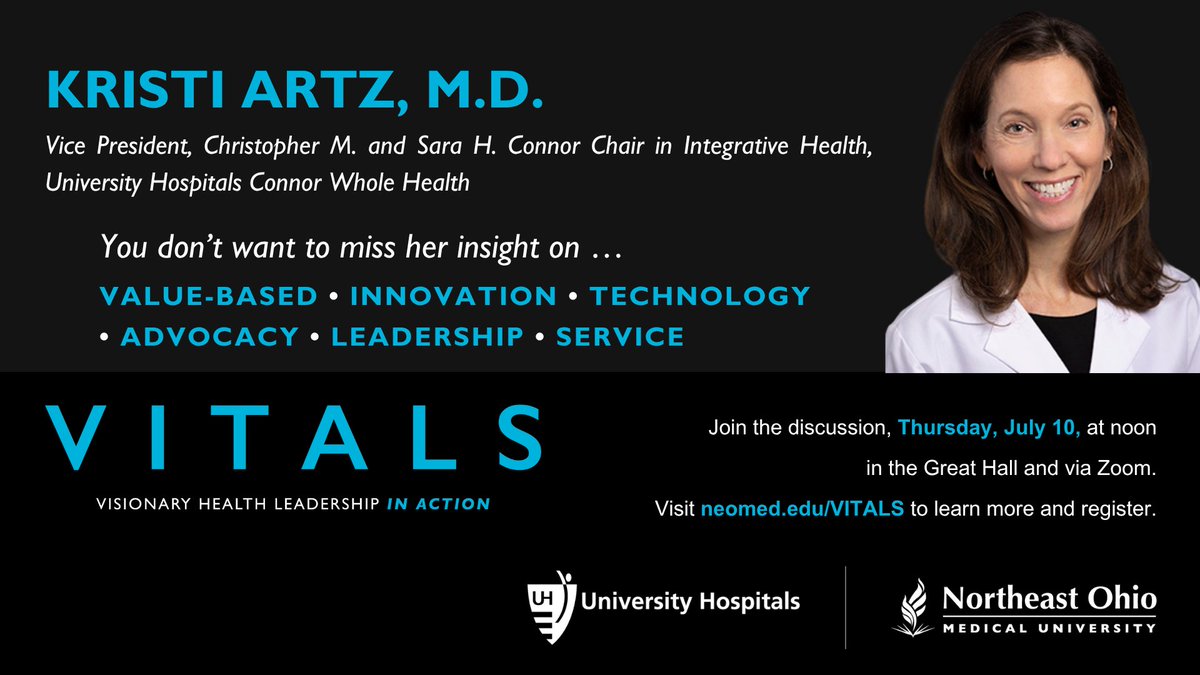 Northeast Ohio Medical University (NEOMED) (@neomededu) on Twitter photo Hear from pioneer Dr. Kristi Artz at our VITALS event on July 10 at noon. She's a leader in integrative health, specializing in culinary medicine and group medical visits. 
Free CME credit is available. Secure your spot at neomed.edu/vitals. Presented with @uhhospitals. Hear from pioneer Dr. Kristi Artz at our VITALS event on July 10 at noon. She's a leader in integrative health, specializing in culinary medicine and group medical visits. 
Free CME credit is available. Secure your spot at neomed.edu/vitals. Presented with @uhhospitals.