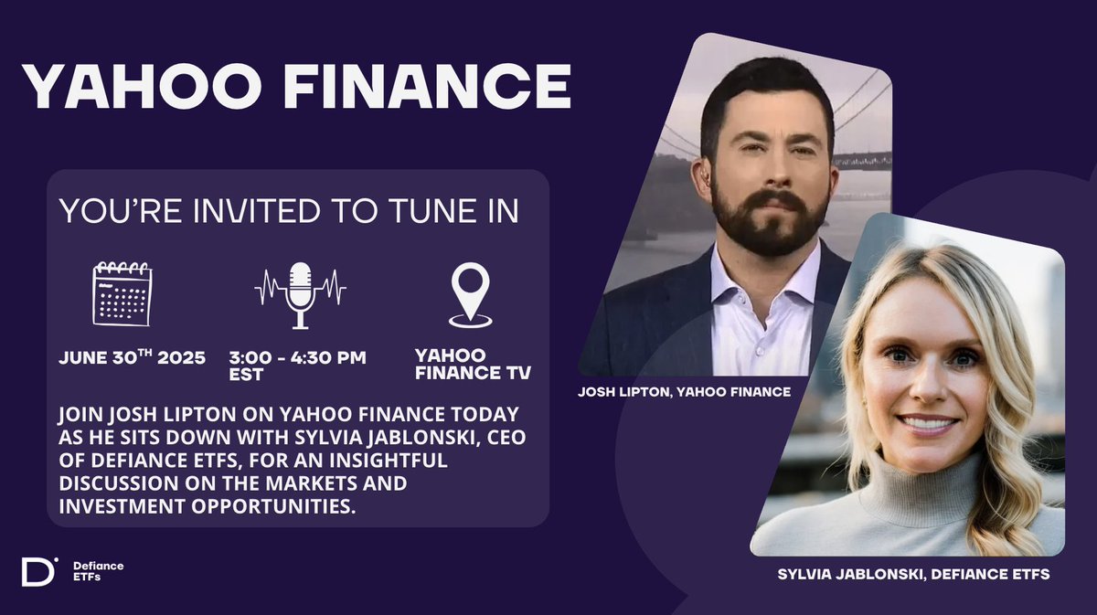 We’re excited to share that <a href="/Sylvushka/">sylvia jablonski</a>, CEO of Defiance Investments, will be joining Josh Lipton on <a href="/YahooFinance/">Yahoo Finance</a> TV today for an in-depth conversation on the markets, investing trends, and where the next opportunities may lie for investors.

Don’t miss it — today from 3:00 PM to