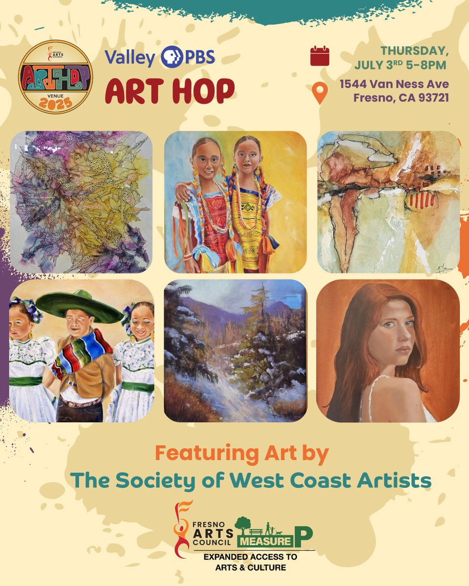 The Society of West Coast Artists are this month's Art Hop artists! 

Join us Thursday, July 3rd from 5-8PM here at Valley PBS.