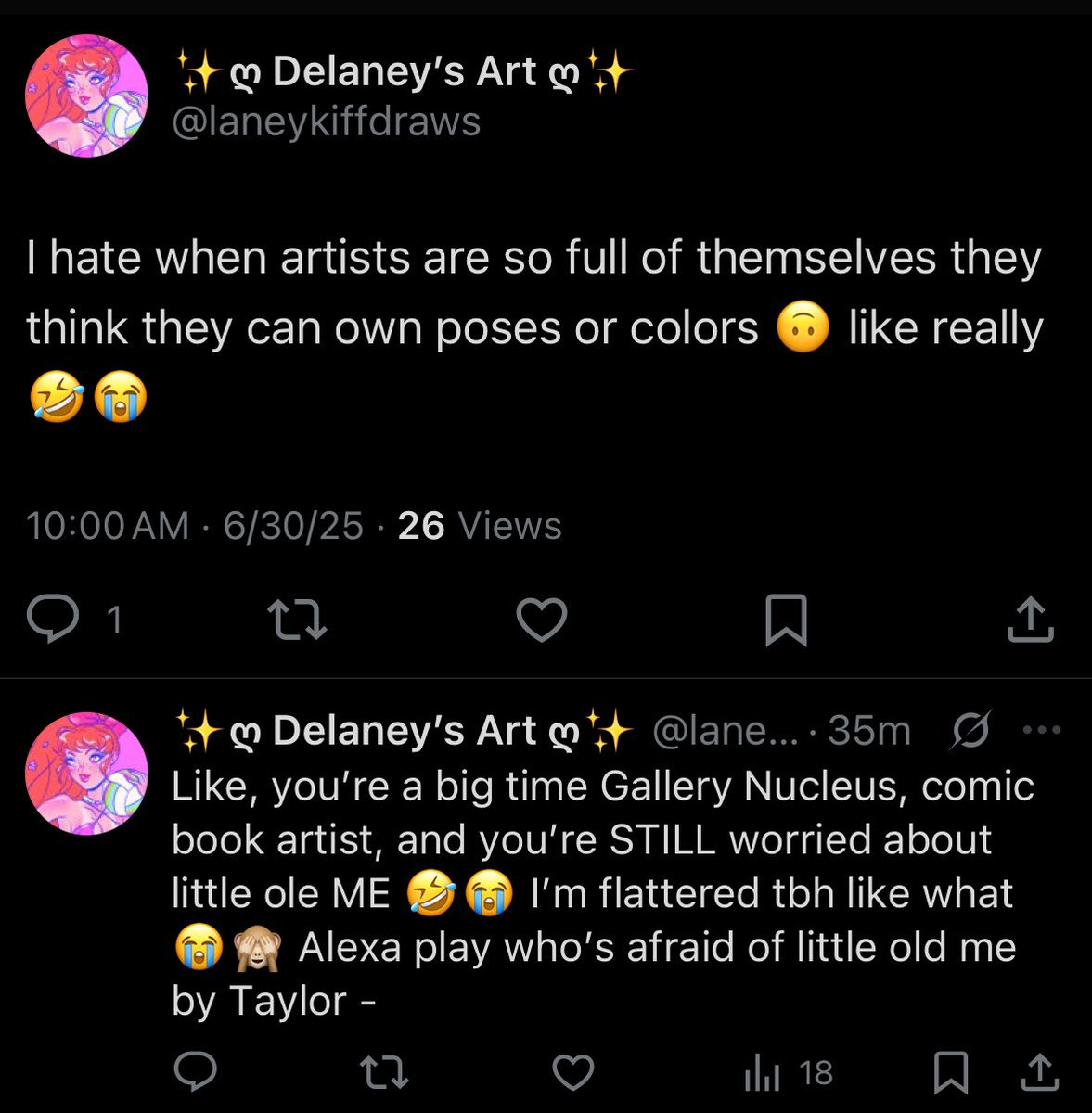 laneykiffsteals's tweet image. All of this just because babs reposted the call out of her stealing not only the color palette but the art itself😭 Jeez @laneykiffdraws is it that easy to trigger you?🤣 #laneykiffdraws #laneykiffsteals